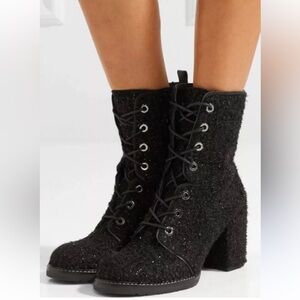 New Stuart Weitzman $655 Boucle Climbing Fancy Chic Combat Boots Black US 7 M